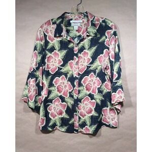 Tommy Bahama Floral‎ Silk Blend Buttondown Shirt, Size Large, 3/4 Sleeve